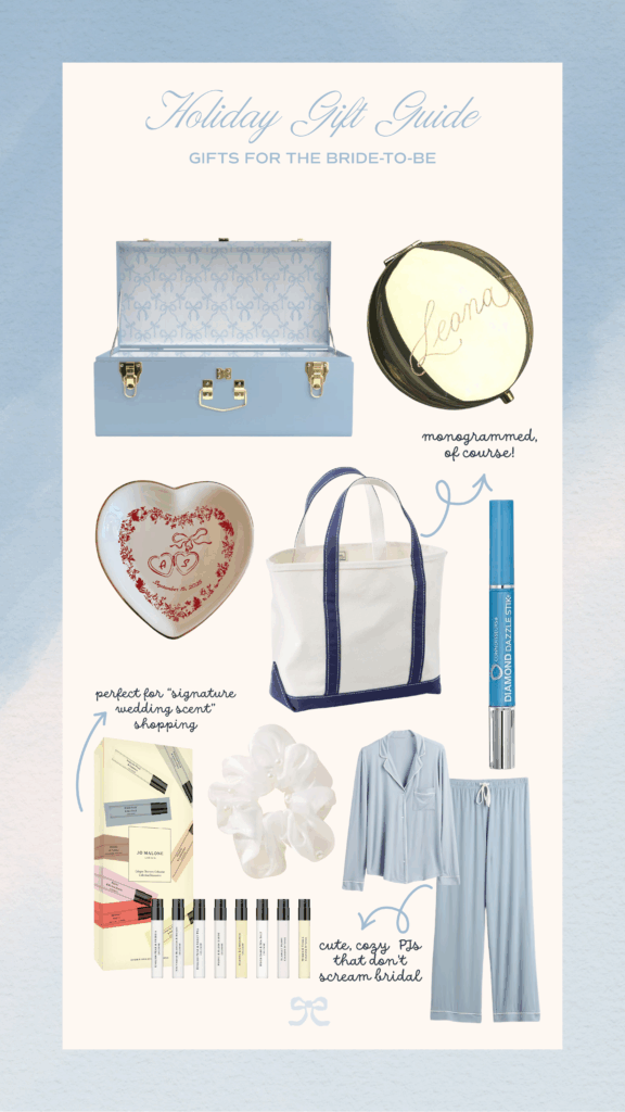 Bride-to-be gift guide showing a Petite Keep bridal trunk, Jo Malone perfume sampler, pearl scrunchie, custom ring dish, Boat and Tote bag, Diamond Dazzle Stik, and modal bridal pajamas.