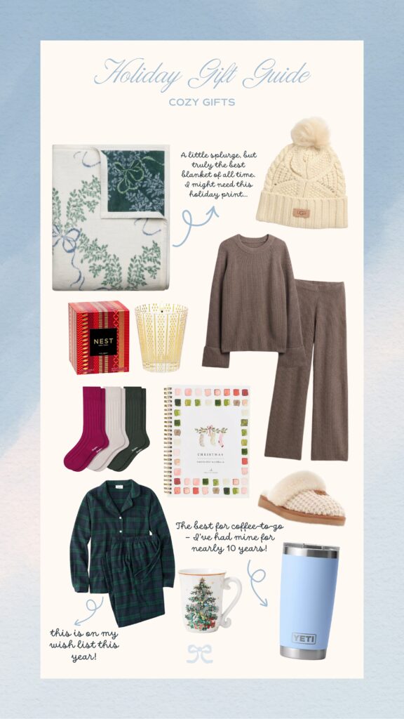 Cozy holiday gift guide featuring a ChappyWrap blanket, Yeti tumbler, merino socks, watercolor workbook, UGG beanie, flannel pajamas, Christmas mugs, UGG slippers, NEST holiday candle, and a Gap lounge set.