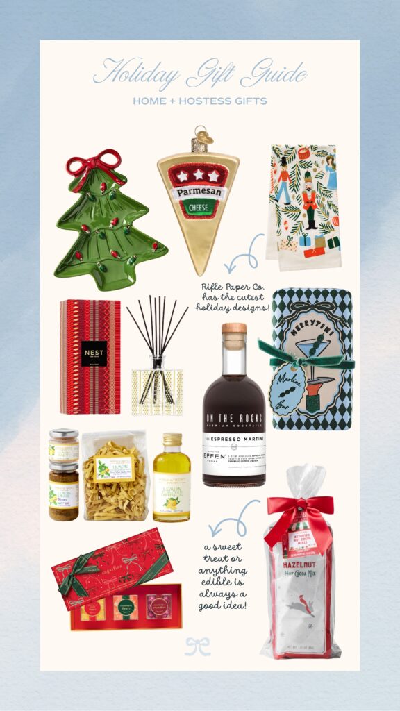 Hostess gift guide featuring a festive stoneware tree platter, holiday hand soap, Parmesan cheese ornament, NEST holiday fragrance set, Sugarfina candy trio, lemon pasta gift set, Williams Sonoma hot cocoa mixes, On The Rocks espresso martini bottle, and a Rifle Paper Co. holiday tea towel.