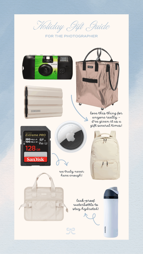 Photographer gift guide featuring a Hulken rolling bag, Fujifilm QuickSnap disposable camera, Calpak car organizer, Samsung T7 SSD, Apple AirTags, SD cards, a Brevitē camera backpack, and an Owala leakproof water bottle.